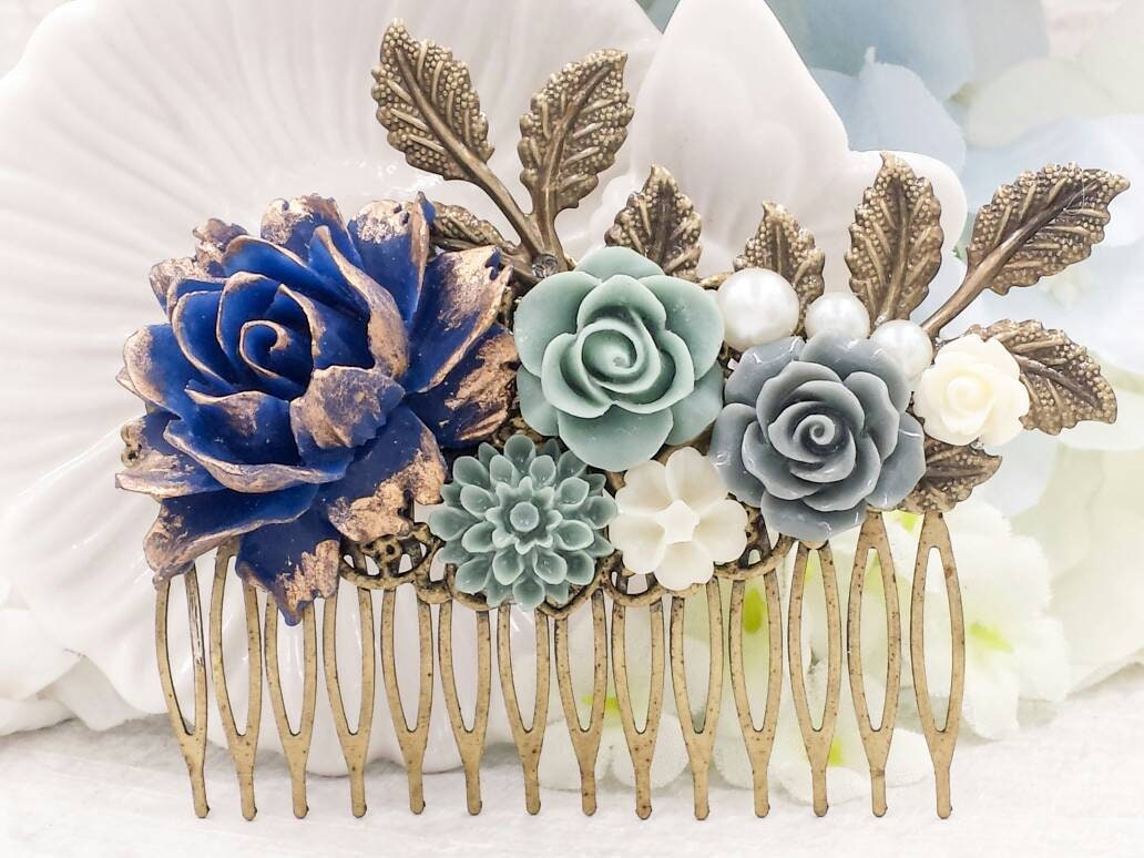 Navy Blue Rose Hair Comb- Vintage Style Floral Glass Pearl  display picture 2