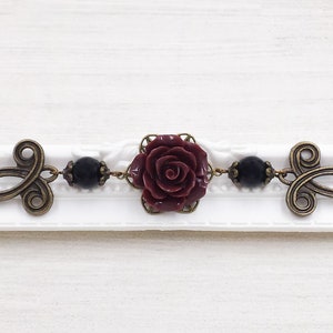 Oxblood Red Rose Necklace Maroon and Black Bead Choker Vampire Jewelry Romantic Dark Victorian Gothic Wedding Ren Faire