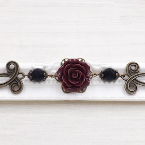 Oxblood Red Rose Necklace- Maroon and Black Bead Choker Vampire Jewelry Victorian Gothic