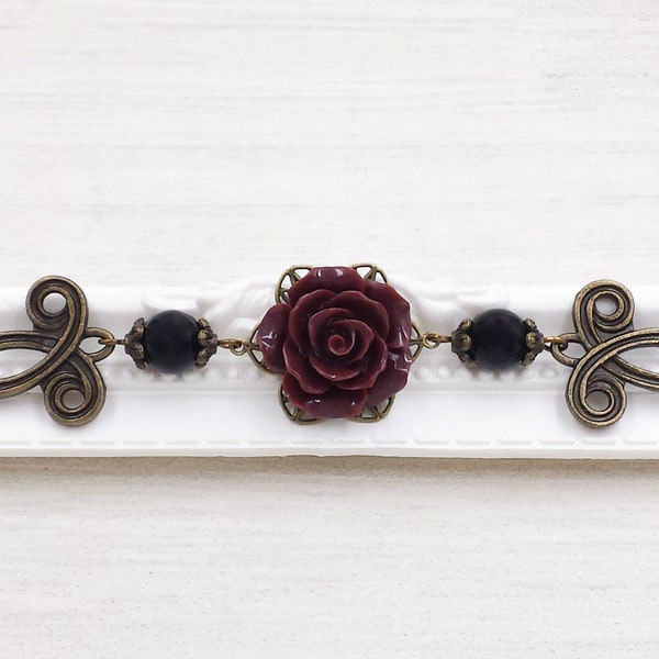 Oxblood Red Rose Necklace Maroon and Black Bead Choker Vampire Jewelry Romantic Dark Victorian Gothic Wedding Ren Faire