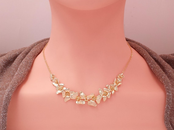 Gold Flower Statement Necklace- Shiny Gold Dogwood Orchid Wedding