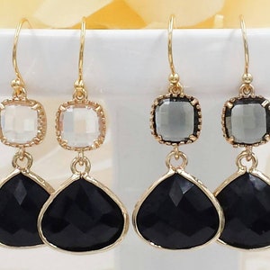 Black Earrings Jet Black Diamond Gray Earrings Onxy Black Clear Crystal Glass Earrings Black and Gold Drop Earrings Wedding Modern Jewelry