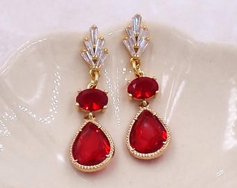 Art Deco Earrings- Ruby Red Glass Crystal Drop Statement Jewelry Wedding Birthday