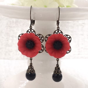 Poppy Earrings Black and Red Flower Earrings Poppies Jewelry Vintage Style Botanical Floral Gift for Her