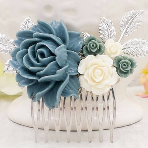 Denim Blue Dusty Blue Wedding Hair Comb Blue and Ivory Flower Comb Silver Bridal Comb Something Blue Hair Accessories Bridesmaids Gift Idea