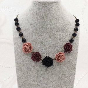 Victorian Flower Necklace Black Rose Oxblood Maroon Dusky Pink Floral Statement Jewelry Gothic Wedding Renaissance Faire Halloween Party