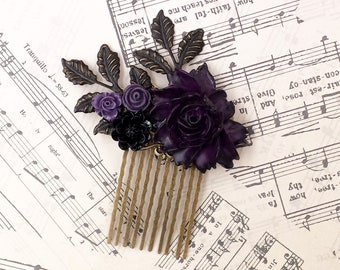 Purple Rose Hair Comb- Black Patina Peony Leaf Victorian Gothic