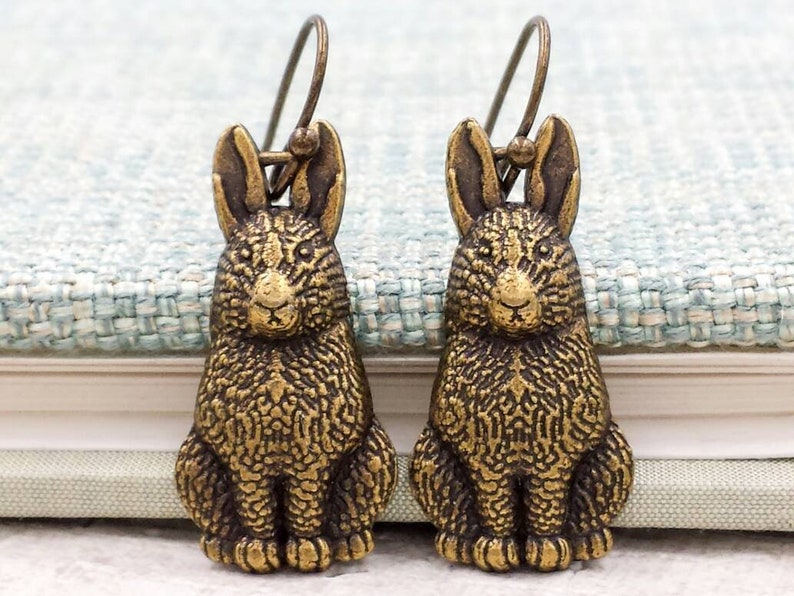 Rabbit Earrings Bunny Earrings Antiqued Brass Rabbit Earrings Etsy