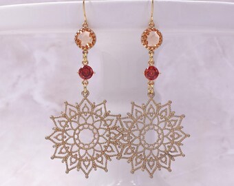 Sun Earrings- Gold Filigree Burnt Orange Pink Celestial Jewelry