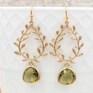 Gold Laurel Wreath Earrings, Olive Green Laurel Leaf Teardrop Chandelier Earrings, Olivine Jewelry Wedding Bridal Bridesmaid Gift for Her