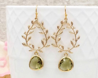 Gold Laurel Wreath Earrings- Olive Green Laurel Leaf Teardrop Chandelier Olivine Glass Crystal Jewelry