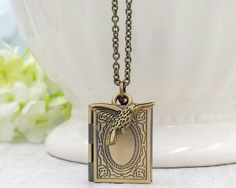 Bird Locket Necklace Bird and Book Necklace Romantic Vintage Style Keepsake Antiqued Brass Book Jewelry Book Club Book Lover Gift for Her