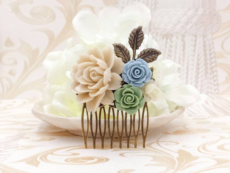 Ivory Rose Bridal Comb Sage Green Baby Blue Cream White Floral Collage Comb Vintage Style Rustic Country Wedding Farmhouse Bontanical Flower