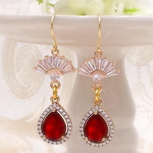 Art Deco Earrings Red Earrings Crystal Fan Earrings Vintage Style 1920s Gatsby Jewelry Wedding Prom Pary Gift July Birthstone