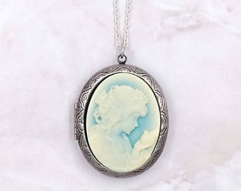 Lady Cameo Locket Blue and Cream White Cameo Necklace Romantic Victorian Style Antiqued Silver Picture Locket Keepsake Women Jewelry Gift