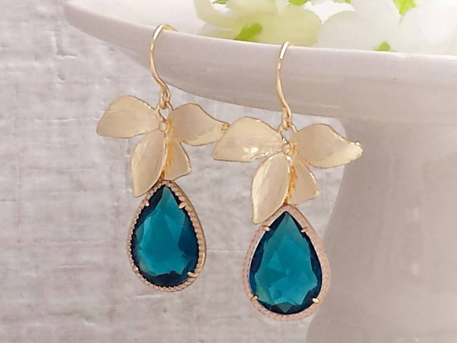 Teal Blue Earrings Shiny Gold Flower Earrings Blue Zircon Etsy