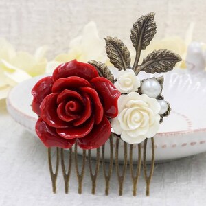 Red Rose Comb Red and White Floral Hair Comb Red Flower Haircomb ...