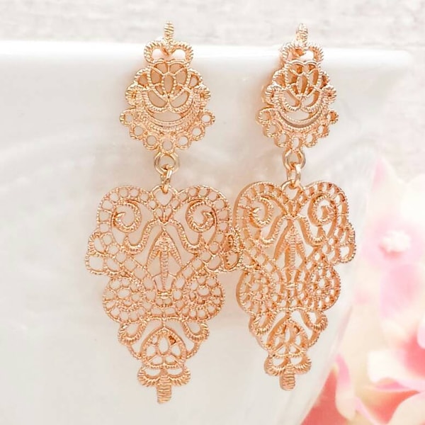 Gold Filigree Earrings, Large Gold Lace Dangle Earrings, Silver Spanish Style Boho Moroccan Jewelry, Wedding Prom Bridal Bridesmaid Gift