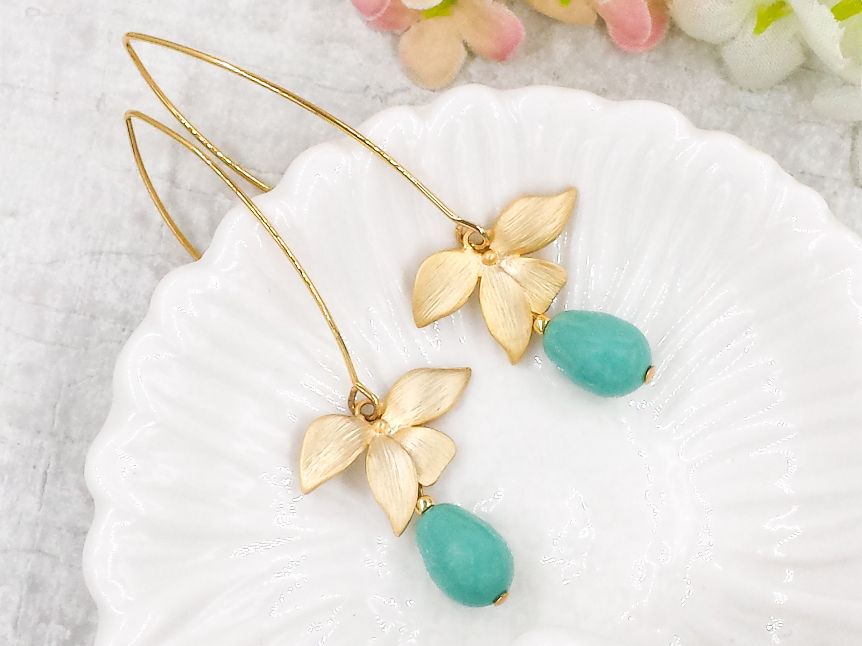 Turquoise Blue Swarovski Pearl Gold Floral Earrings Teal Aqua - Etsy
