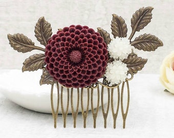 Maroon Dahlia Hair Comb, Dark Red Burgundy Flower Hair Comb Hair Accessory, Wedding Bridal Comb Bridesmaid Gift for Her