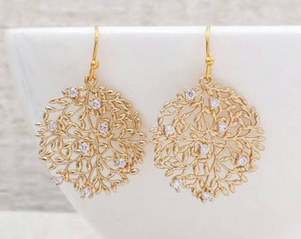 Tree Branch Earrings Gold Tree Earring Leaf Branch Earrings Cubic Zirconia Earrings Nature Inspired Forest Woodland Jewelry Gift for Her