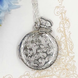 Floral Locket Necklace, Butterfly Locket, Antiqued Silver Flower Picture Photo Locket Keepsake Nature Inspired Woodland Gift for Her