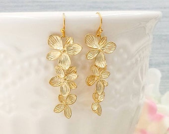 Gold Orchid Earrings, Matte Gold Cascading Orchids Flowers Drop and Dangle Earrings, Wedding Jewelry, Bridal Bridesmaid Gift For Her