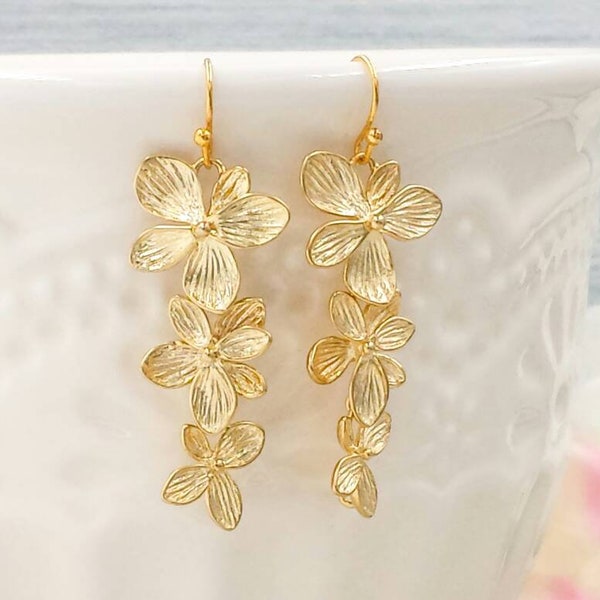 Gold Orchid Earrings, Matte Gold Cascading Orchids Flowers Drop and Dangle Earrings, Wedding Jewelry, Bridal Bridesmaid Gift For Her