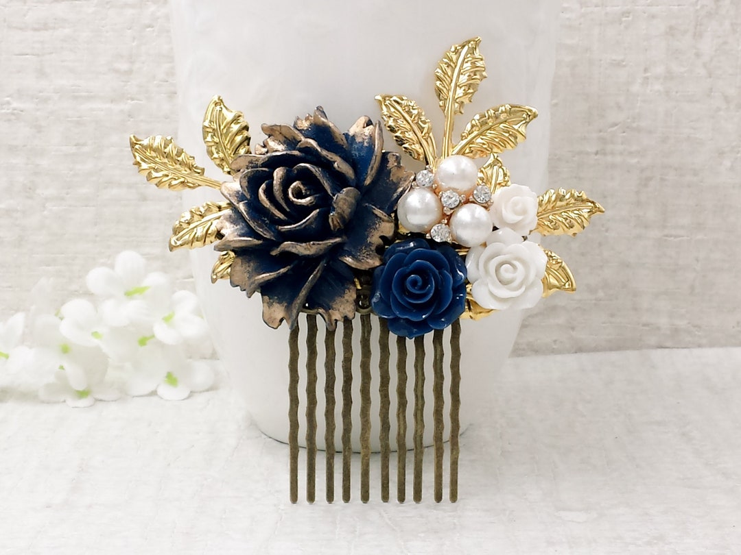 Navy and Gold Hair Comb Something Blue Decorative Comb Gold Leaf Head ...
