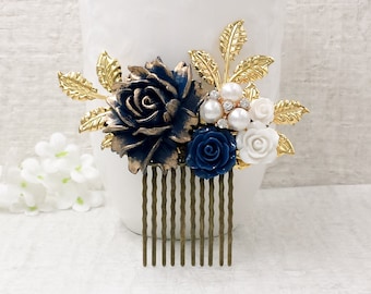 Navy and Gold Hair Comb Something Blue Decorative Comb Gold Leaf Head Piece Shimmer Pearl Hair Accessories Wedding Prom Anniversary Gift