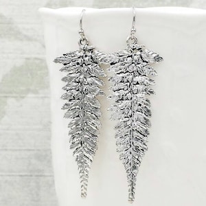 Silver Fern Earrings Long Dangle Forest Leaf Earrings Greek Nature Inspired Woodland Jewelry Grecian Rainforest Wedding Gift for Her