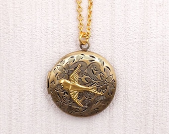 Antiqued Bird Locket Necklace Flying Swallow Floral Photo Keepsake