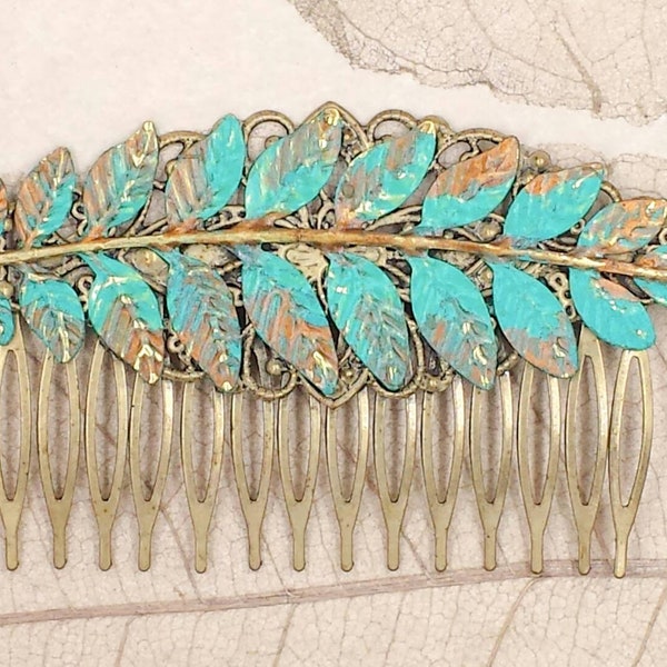 Leaf Hair Comb Verdigris Patina Leaf Comb Green and Gold Rustic Wedding Bridal Headpiece Woodland Inspired Leaf Hair Accessory Boho Gift