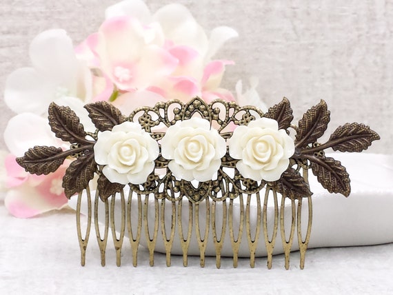 Ivory Rose Bridal Hair Comb- Cream White Floral Vintage  display picture 1