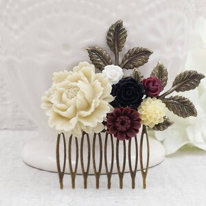 Peony Rose Hair Comb Cream Ivory Burgundy Black Floral Collage Comb Dark Red Dahlia Flower Hair Piece Gothic Romantic Winter Wedding Gift