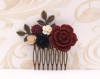 Haarkamm mit roter Rose – Schwarze Blume, viktorianisch-gotisch, Hochzeit, Mittelaltermarkt, Party