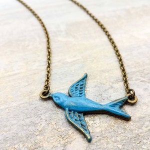 Bird Necklace, Verdigris Patina Swallow Bird Necklace, Flying Bird Sideways Charm, Nature Woodland Rustic Boho Chic Bohemian, Gift For Her