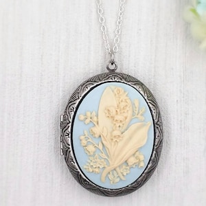 Lily of The Valley Locket Necklace Blue and Cream White Floral Cameo Pendant Necklace Vintage Style Photo Locket Keepsake