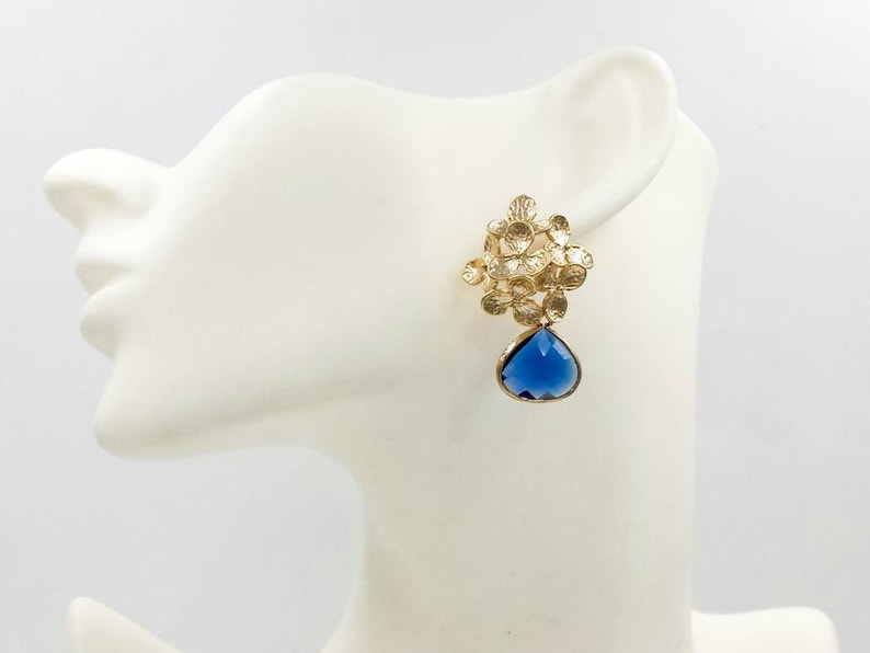 Royal Blue and Gold Earrings Gold Flowe Sapphire Blue Drop Post Earrings Cobalt Blue Earrings Wedding Bridal Bridesmaids Gift for Her