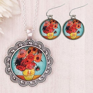 Van Gogh Sunflower Necklace and Earrings Still Life of Sunflowers in a Vase Art Jewelry Set Gift for Her