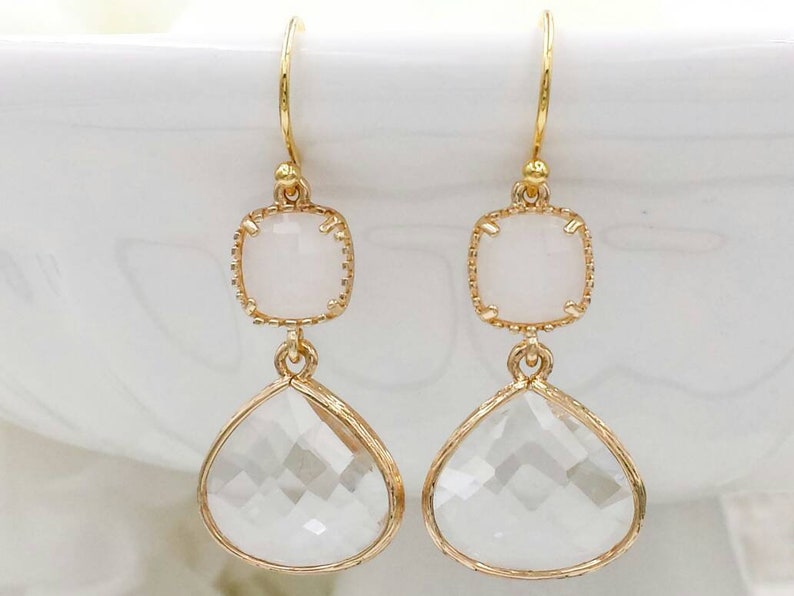 White Opal Glass Drop Earrings Crystal Clear Milky Teardrop Earrings Modern Earrings Minimalist White Wedding Bridal Bridesmaid Gift for Her