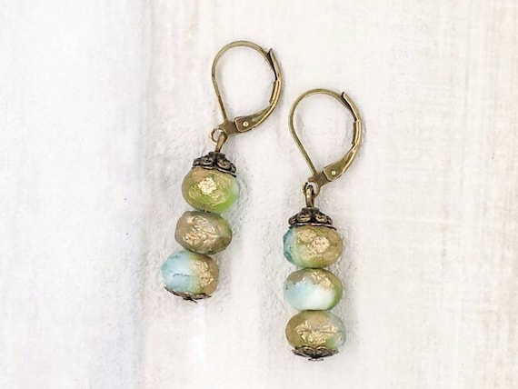 Antique Brass Jewelry Boho Blue Bronze Earrings Shimmery Dainty Blue Vintage Style Earrings Czech Glass Blue Bead Earrings