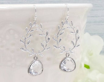 Silver Laurel Wreath Earrings, Laurel Wreath Crystal Clear Chandelier Earrings, Silver Leaf Earrings Wedding Bridal Bridesmaid Mom Prom Gift