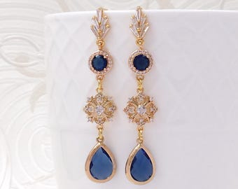 Something Blue Earrings- Art Deco Inspired CZ Fan Gold and Blue Crystal Teardrop