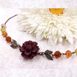 Autumn Flower Necklace Earrings Burgundy Chrysanthemum Dark Red Thistle Bracelet Artisan Crystal Glass Bead Jewelry Botanical Wedding Gift