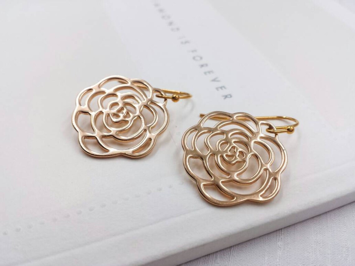 Gold Flower Filigree Dangle Earrings Camellia Earrings Rose Etsy