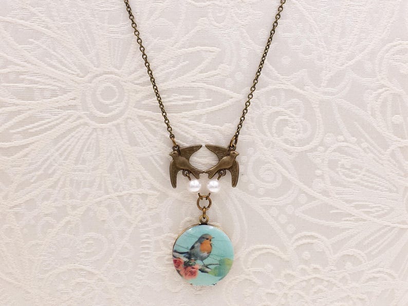 Bird Locket one Piece Bird and Crystal Pearl Necklace Vintage Style