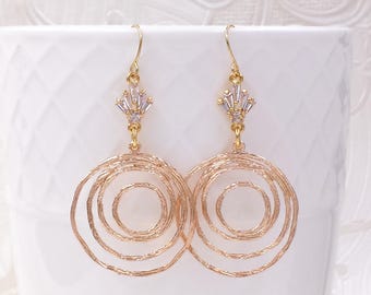 Art Deco Earrings- Circle Swirl Geometric Glass Crystal Fan Boho Jewelry