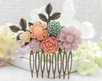 Purple Blush Hair Comb Peach and Sage Blue Flower Comb Romantic Vintage Wedding Hair Accessory Bridal Maid of Honor Prom Birthday Gift Idea