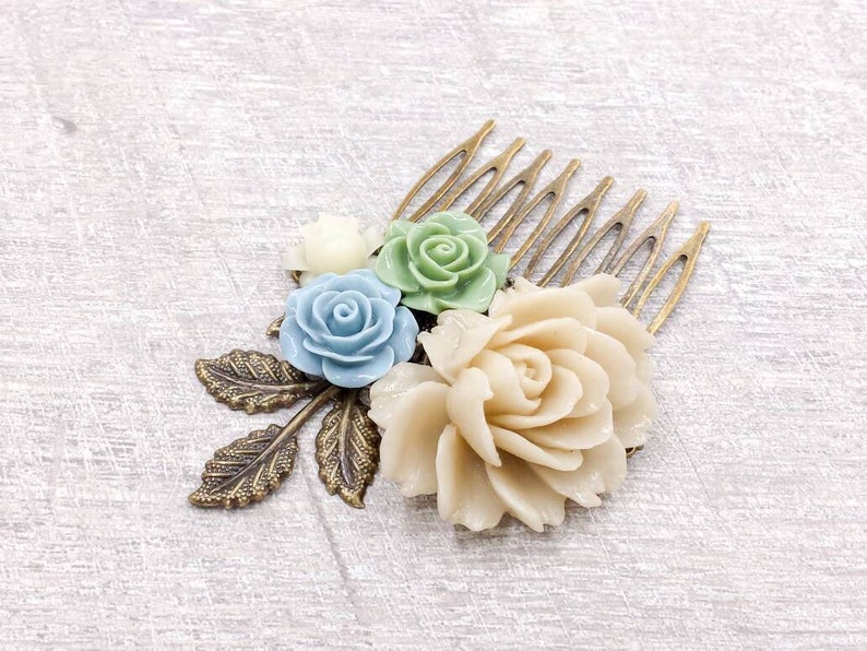 Ivory Rose Bridal Comb Sage Green Baby Blue Cream White Floral Collage Comb Vintage Style Rustic Country Wedding Farmhouse Bontanical Flower